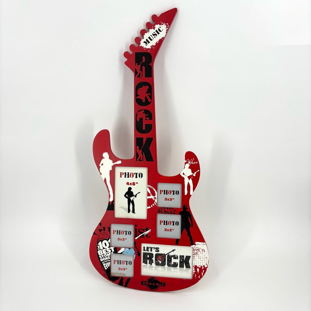 Red with Black and White NWOT Guitar Shaped Six Slot Picture Frame, 13” x 29”